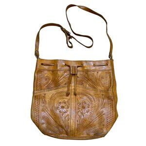 Vintage Tooled Leather Drawstring Crossbody Bag Southwestern Floral Design